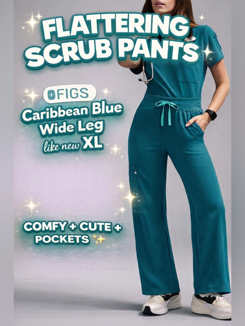 XL Figs Wide Leg Scrub Pants in Caribbean blue with Aqua Drawstring